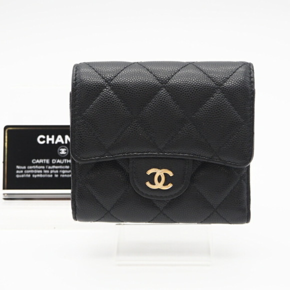 CHANEL Matelasse Caviar Skin Compact Wallet with Gold Hardware, AP4383, Tri-f...
